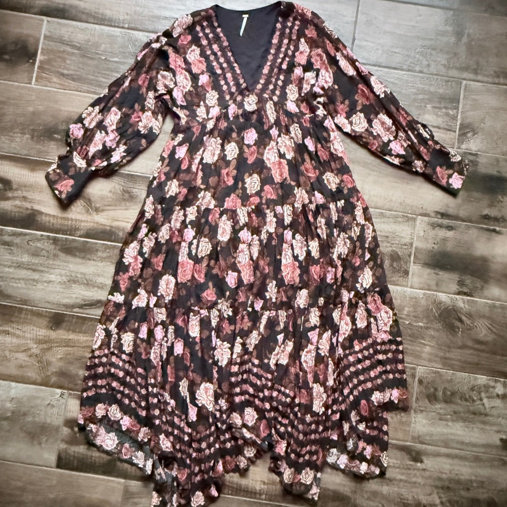 Free People Women's Rows of Roses Boho Tiered Midi Dress, Black Combo, S